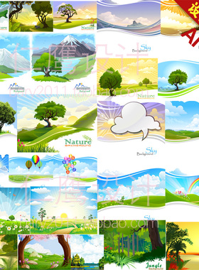 卡通绿色大自然从林天空山谷景色夏日清新风景背景海报ai格式LA17