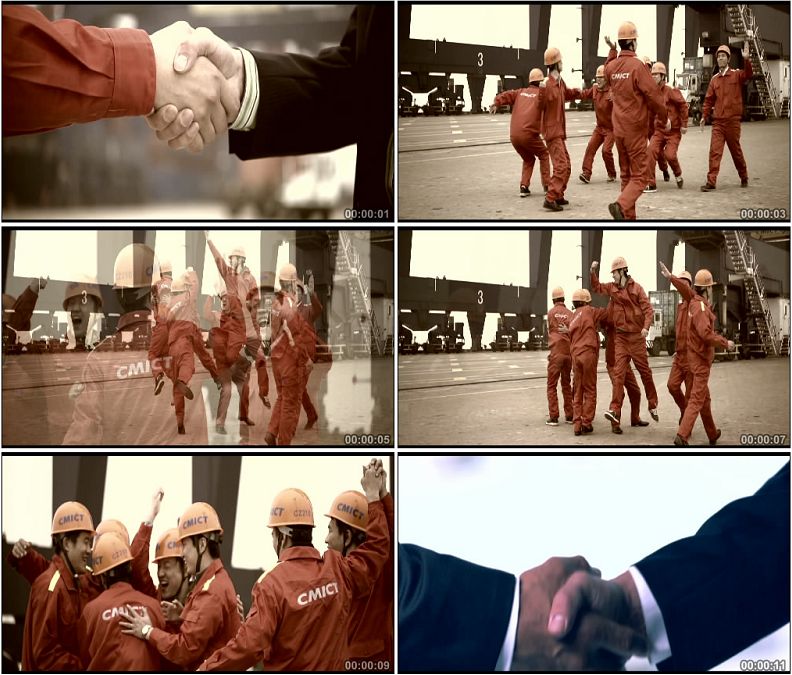 工人握手特写欢呼庆祝企业商务握手高清实拍视频素材