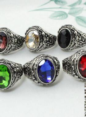 戒指男士欧美复古朋克6色椭圆钛钢霸气摇滚哥特宝石情侣戒cb008