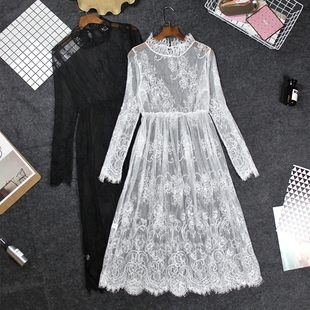 镂空透视蕾丝衫 秋冬女2017新款 内搭打底裙 长袖 蕾丝裙连衣裙中长款