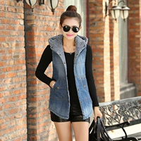 Mùa thu đông mới Hàn Quốc đường phố denim màu hoang dã trùm đầu cộng với cotton ấm vest vest vest vest áo khoác nữ - Áo vest áo khoác bò nữ