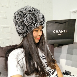 獭兔毛皮草帽子中老年妈妈加厚保暖玫瑰花韩版毛线帽子女冬季圆顶