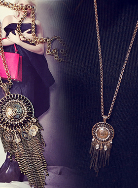 民族风流苏圆牌长款镶水钻毛衣链