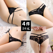 Sexy ren trong suốt thong ladies thắt lưng thấp tie màu rắn 裆 bông đồ lót hoa hollow bow T quần