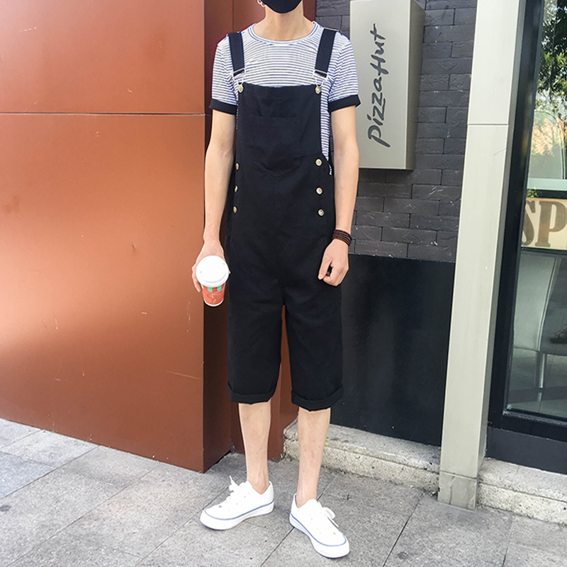 夏季工装连体裤情侣韩版潮英伦背带短裤休闲小脚吊带裤男潮五分裤
