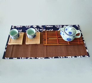 青花布竹子茶席杯垫麻布桌旗编织手工竹帘竹席竹垫茶垫茶帘隔热垫