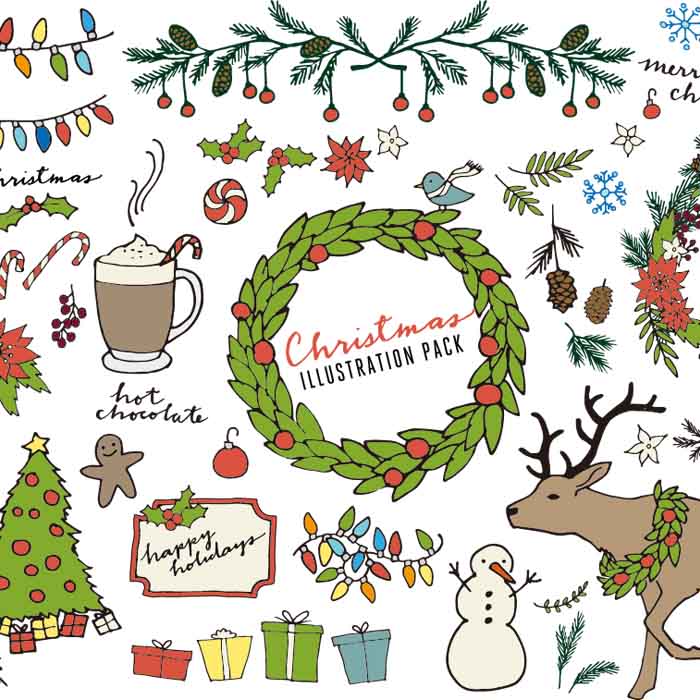 [402]卡通圣诞节元素插画雪人松树圣诞树麋鹿AI矢量设计素材含PNG