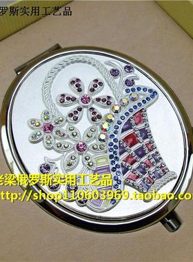 Z2俄罗斯合金金属双面折叠化妆镜子银白色椭圆形彩钻釉彩玲珑花篮