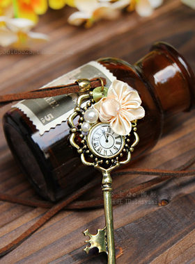 sweettime韩国布花朵皮绳钥匙