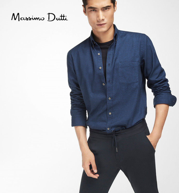现货 MassimoDutti正品 男士蓝色素面修身衬衫 0100122