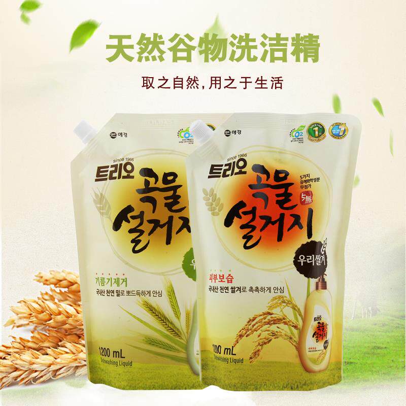 韩国进口爱敬特里奥袋装洗洁精谷物洗涤剂小麦米糠清洗剂1200ml