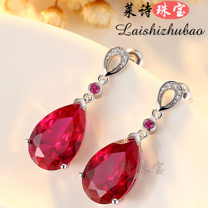 红宝石耳钉女欧美个性彩色宝石耳饰纯银镀18k金简约耳环耳坠饰品