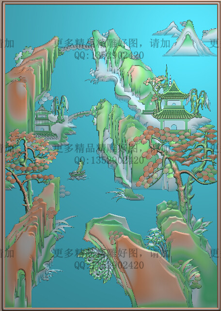 精雕图山水拱桥松树灰度图浮雕精品山水背板门板289x408新款特价