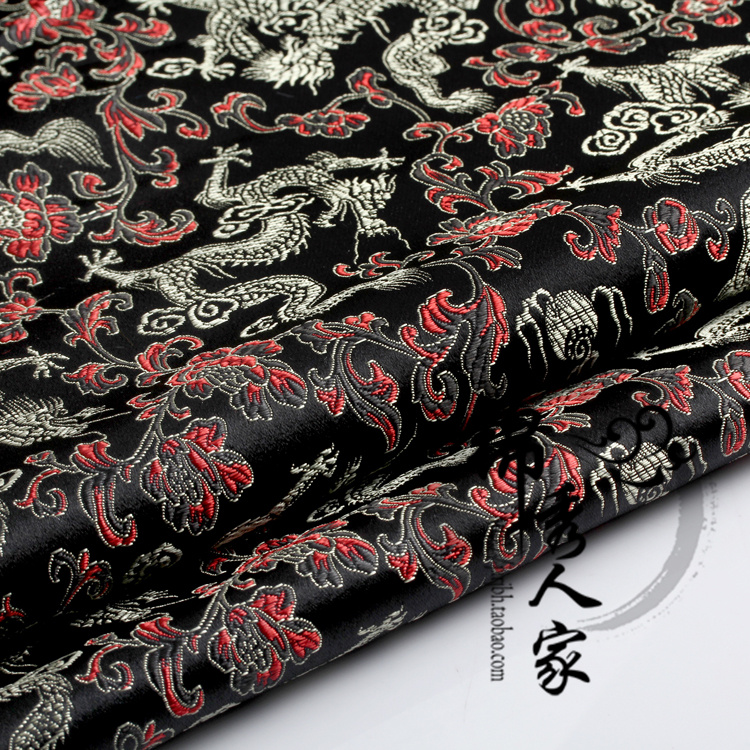 锦秀人家 古装汉服COS旗袍唐装服装面料布料/织锦缎-黑底红花金龙