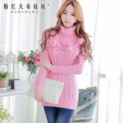 Fall/winter sweater women pink doll 2015 long Korean wave insert stereo flowers Turtleneck pullover