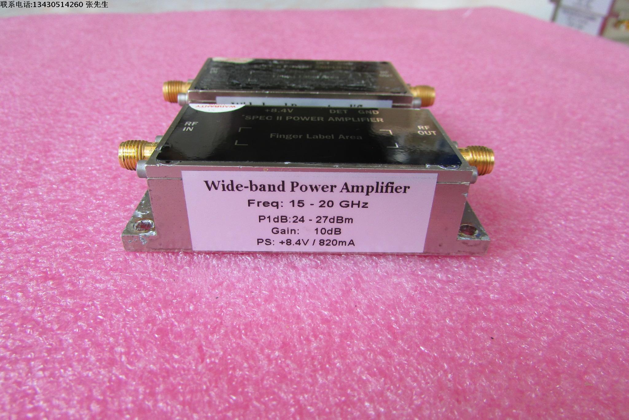 美国进口 15-20GHz 24-27dBm SMA 射频微波中功率放大器 质量包好，包能用 可提供详细测试图 工作频率：15-20GHz 增益: Typ 10dB  输出功率: 24-27dBm 工作电压：+8.4V  / 电流大约：820mA 左右 功能，1：检波输出; 2：输出内置