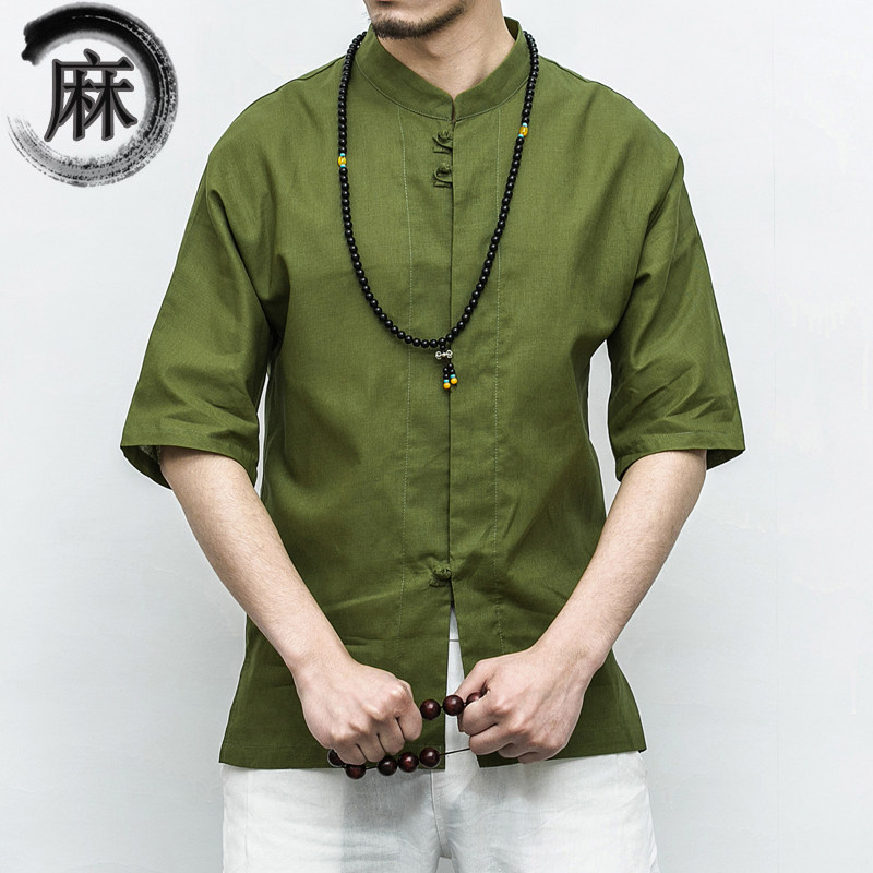 风夏宽松盘扣亚麻衬衫短袖男半袖衬衣棉麻料新中式M112P50,男装衬衫,钱塘788(原4013)
