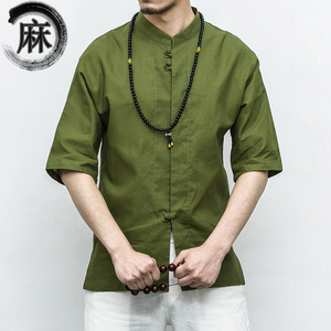 风 夏宽松盘扣亚麻衬衫短袖男半袖衬衣棉麻料新中式 M112 P50图片