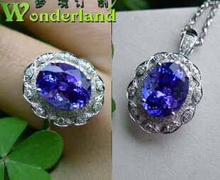 矢车菊蓝色4-5A坦桑石彩色宝石吊坠项链戒指环2用18K金钻珠宝现货
