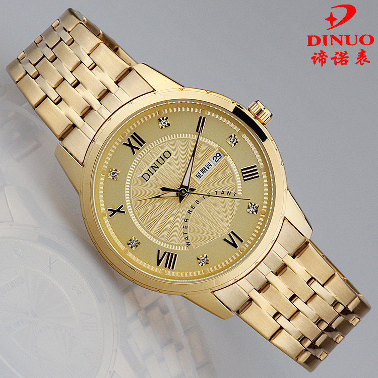 正品谛诺手表 男士土豪金腕表 双历黄金色夜光石英表时尚超薄男表