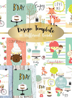 A1874矢量卡通韩系可爱狐狸蛋糕女孩卡片兔子插画 AI设计素材