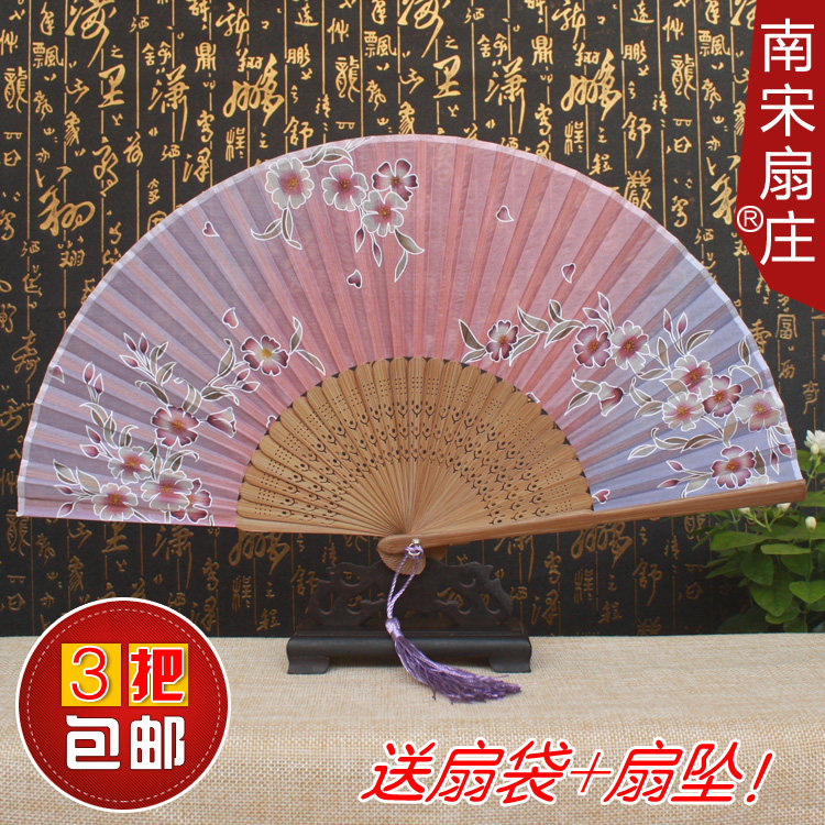 3把包邮 日式和风樱花真丝扇竹木古风古典日用可爱女绢扇迷你折叠
