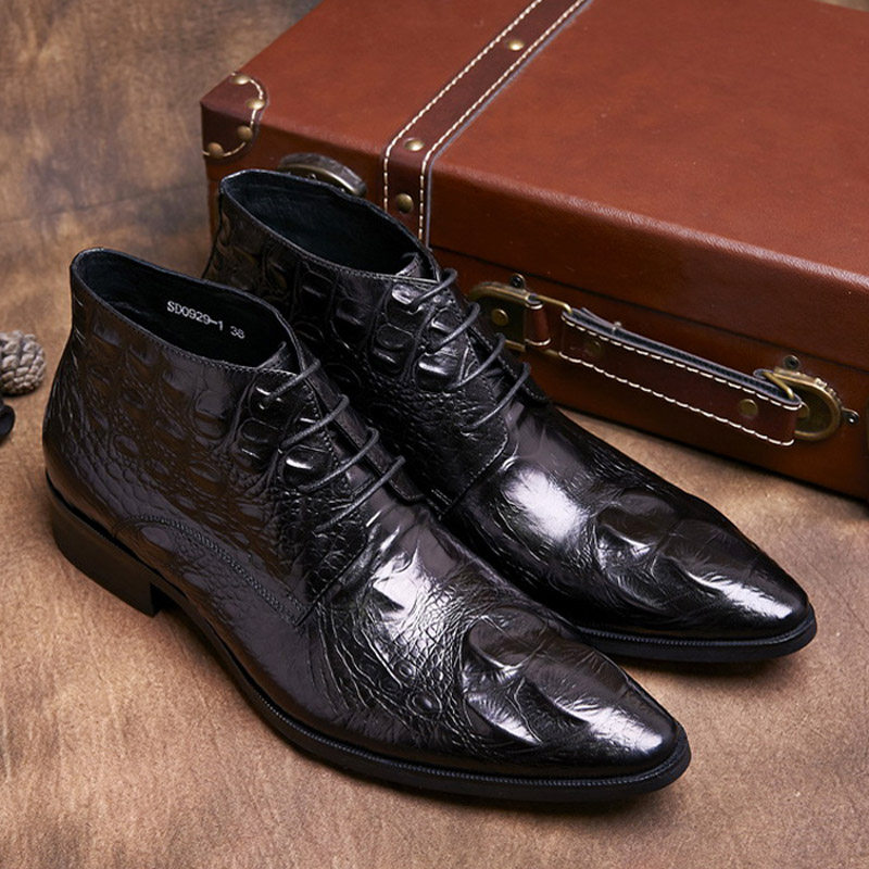秋季真皮男靴鳄鱼纹牛皮短靴高帮皮鞋潮流男士马丁靴尖头工装靴