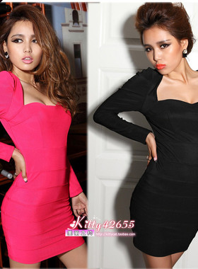 【特价清仓】Krazy欧美气质 性感低胸包肩长袖修身包身连衣裙 265