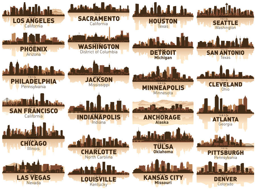 矢量设计素材 40张美国城市建筑剪影天际线图案模板 eps格式 cdr