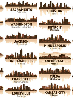 矢量设计素材 40张美国城市建筑剪影天际线图案模板 EPS格式+CDR