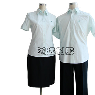 2014款邮政工作服男女绿条长短袖衬衣邮储银行制服工装夏裤夏裙