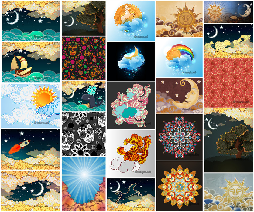 [556]AI矢量设计素材 抽象幻想艺术绘画插画海浪云朵太阳符号花纹