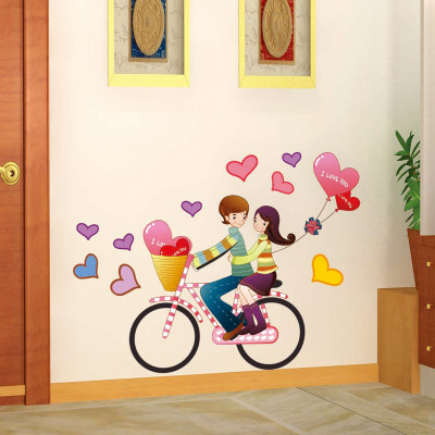 可移除单车恋人浪漫情侣自行车墙贴纸 卧室宿舍床头装饰门窗贴画