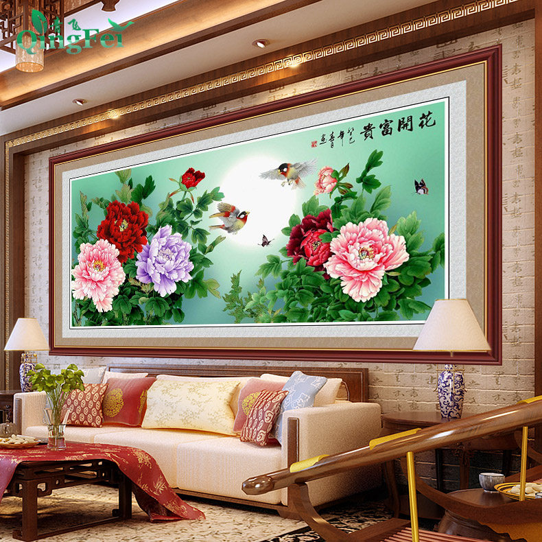 青飞3D精准印布花开富贵争艳十字绣蝴蝶牡丹花开鸟儿客厅大画包邮