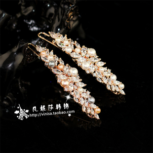 韩国进口luce品牌 百搭优雅麦穗淡水珍珠水晶发夹边夹刘海夹 LU04