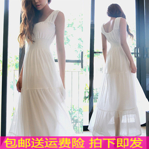 夏季新款海边度假吊带仙女长裙雪纺沙滩裙修身气质无袖大摆连衣裙