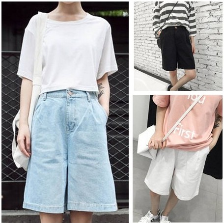 Cheap summer ulzzang Korean Shopping College Wind retro wide leg pants loose denim shorts female 5 pants