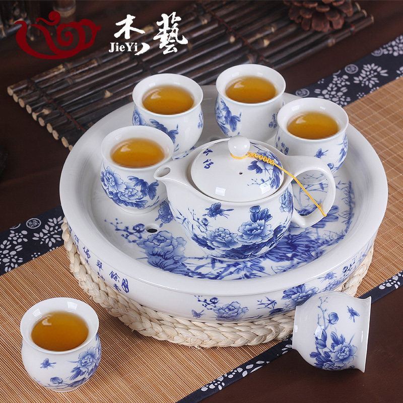 白瓷青花瓷双层防烫功夫茶具家用带茶盘隔热套装自用送礼瓷器整套