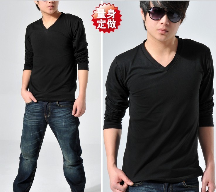 修身黑色内搭打底鸡心领长袖T恤
