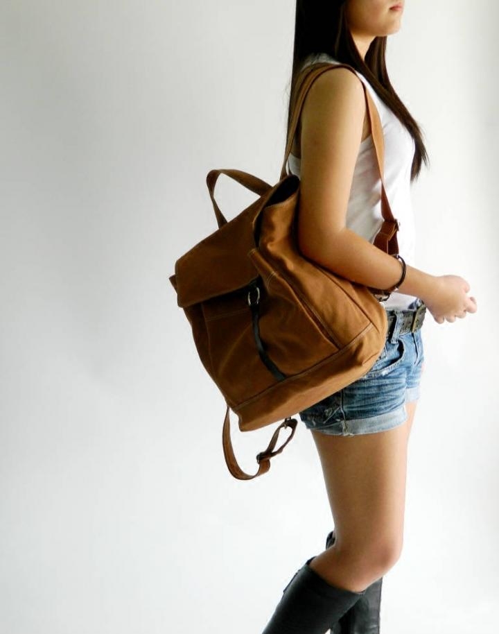 Canvas㊣马来西亚代购 手作迷人帆布皮革组合皮带扣棕色双肩背包