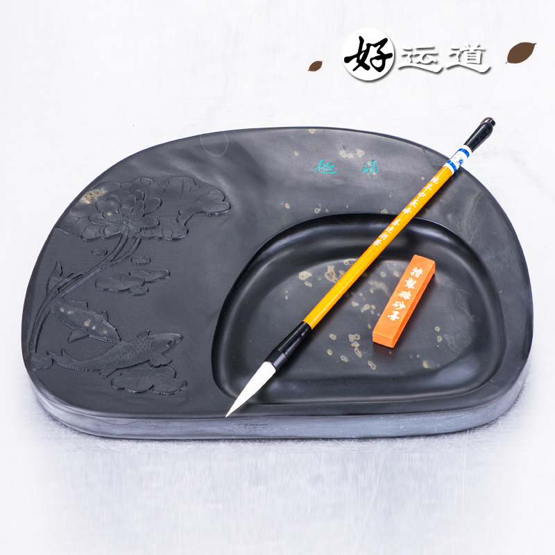 龙尾砚手工创意浮雕歙砚精品老坑金星石砚台荷塘清趣观赏收藏礼品木盒文房四宝12寸清趣梦笔生花春江水暖