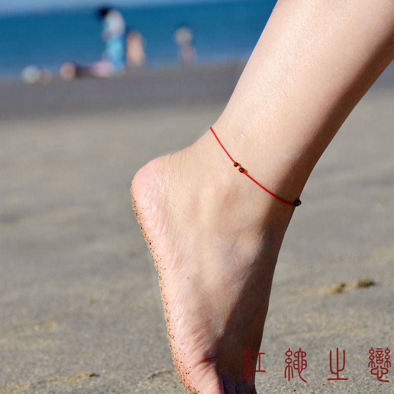 恋夏 足金黄金转运珠+石榴石 极细 优雅 气质红绳脚链/脚绳 女
