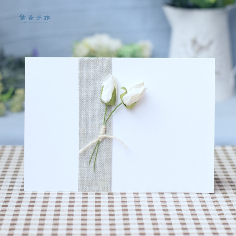 箩荟手作 黑白素雅纸艺花手工贺卡 清明悼念慰问贺卡追悼会留言卡