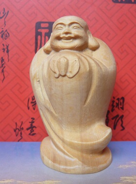 微雕木雕2寸原色黄杨小木雕工艺品摆件手把件:拱手蝙蝠弥勒佛