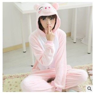 Kigurumi 包邮 粉猪pig Onesie卡通连体睡衣家居法兰绒珊瑚绒男女