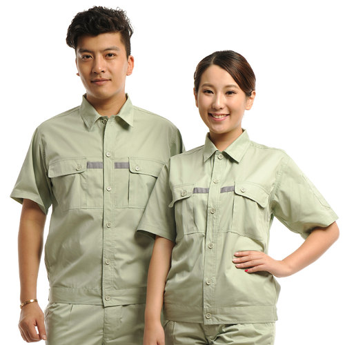 安美薇豆绿细斜夏短袖工作服男半袖工服电焊汽修工程服劳保服制服