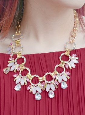 欧美夸张磨砂花朵水晶宝石毛衣链