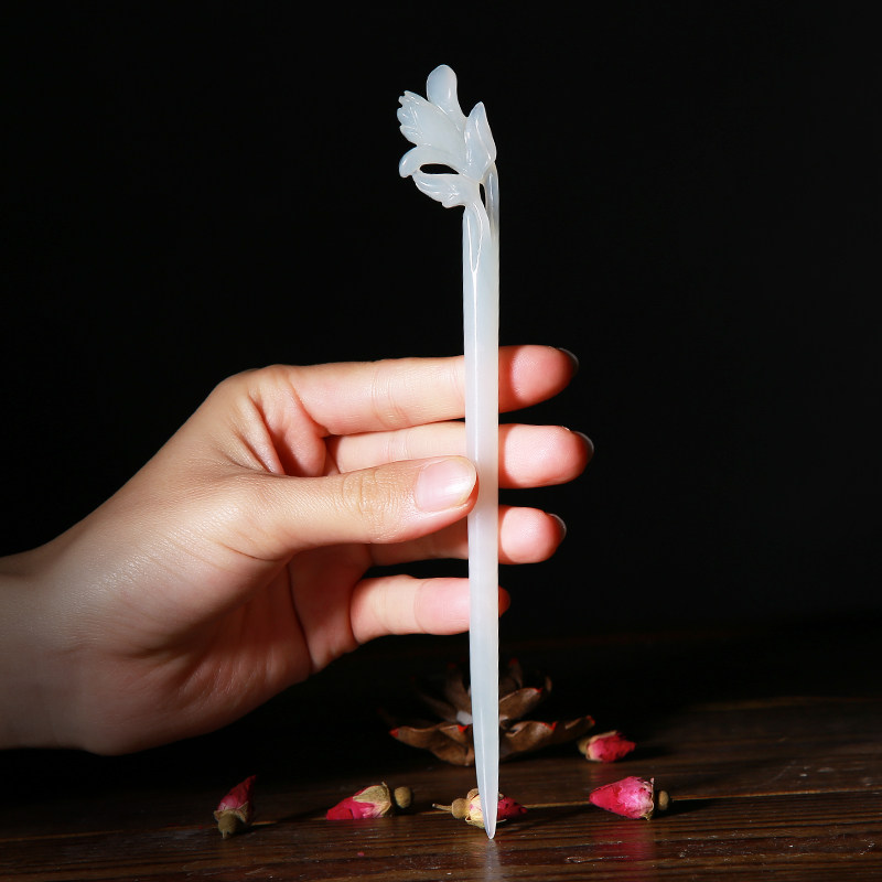 玉花古典风发簪岫玉 白玉簪子汉服配饰步摇复古盘头发饰 送女友