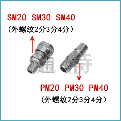 气动快速接头SM-20/PM-30/40/外螺纹2分/3分/4分/公母头/大小头