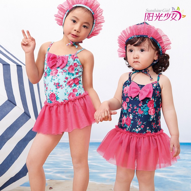 2015阳光少女连体儿童泳衣碎花裙纱边连体女泳衣 带帽女孩泳衣